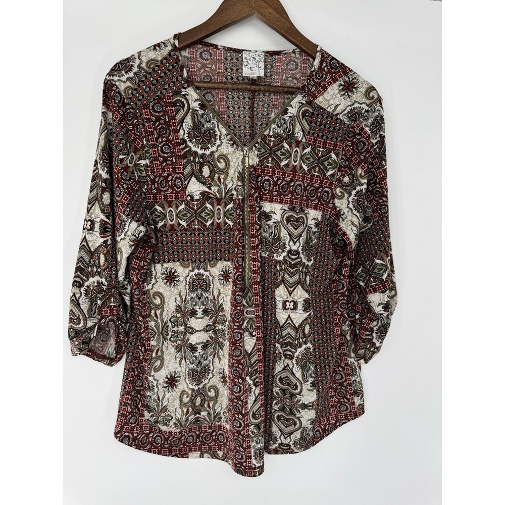 Naif Anthropologie 1X patchwork zip up blouse 3/4 th sleeve cottage boho stretch